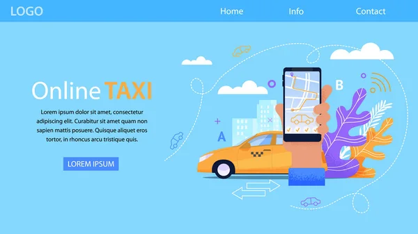 オンラインタクシーサービス。イエローキャブフラットイラスト. — ストックベクタ