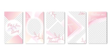 Cute Pastel Pink Templates with Branch of Leaves. clipart