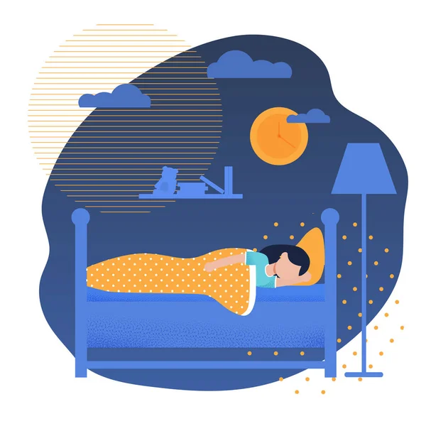 Dziewczyna śpi w łóżku mając nocne marzenia Cartoon — Wektor stockowy