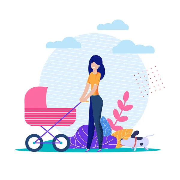 Young Lonely Mother Carries Baby Stroller Cartoon — Stock Vector