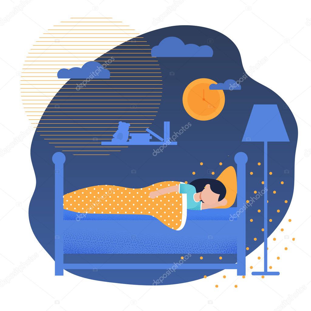Girl Sleeping in Bed Having Night Dreams Cartoon