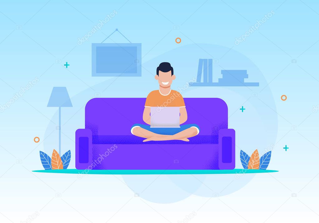 Smiling Man Relaxing with Laptop at Home Cartoon