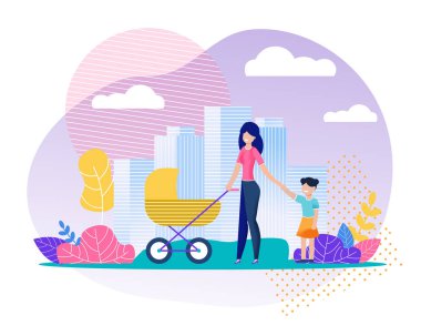 Şehir Vektör Karikatür İllüstrasyon Yürüyüş Aile