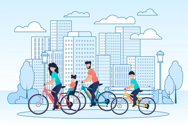 Bicicletas de montar en familia feliz en dibujos animados Cityscape — Vector de stock