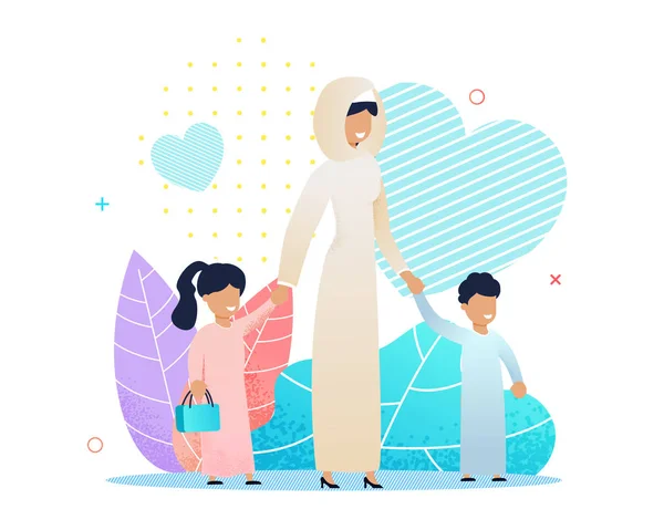 Arabian madre caminando con diversos niños de dibujos animados — Vector de stock