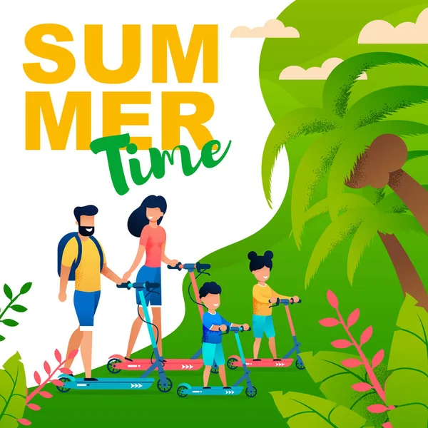 스쿠터에 가족과 여름 시간 플랫 포스터 — 스톡 벡터