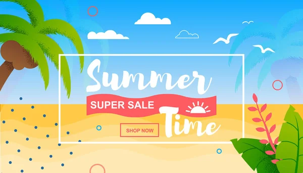 Sommartid och Super försäljning platt tropisk banner — Stock vektor