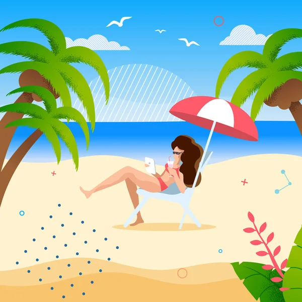 Donna che riposa sotto l'ombrello sulla spiaggia tropicale — Vettoriale Stock