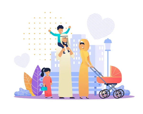 Happy Arabian Family on City Street Flat Cartoon — Stock Vector