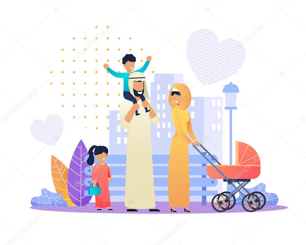 Happy Arabian Family on City Street Flat Cartoon