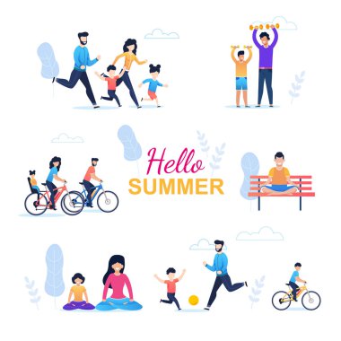 Hello Summer Seamless Pattern with Happy Family vector Hello Summer Seamless Pattern with Happy Family vector