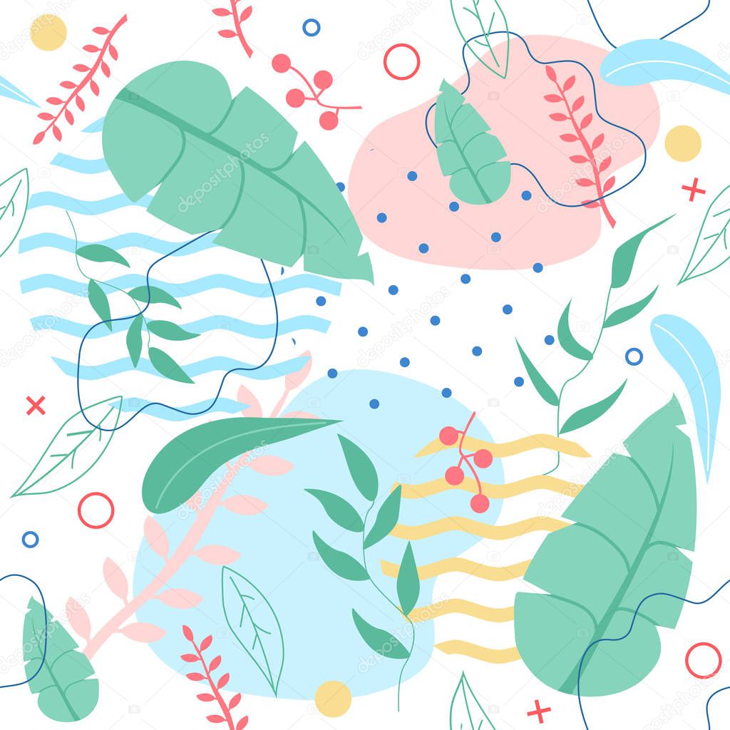 Seamless Pattern with Tropical Leaves and Sea Wave