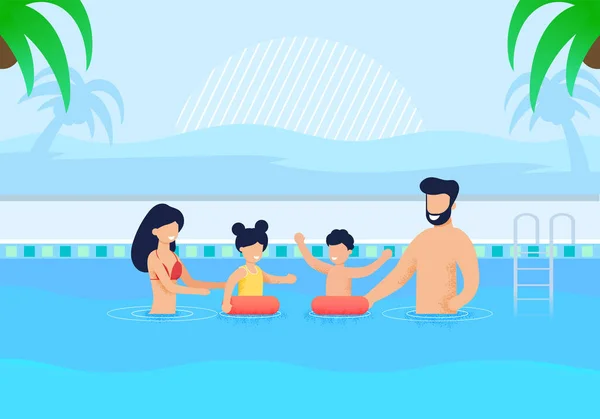 Felice famiglia avendo riposo in piscina cartone animato — Vettoriale Stock
