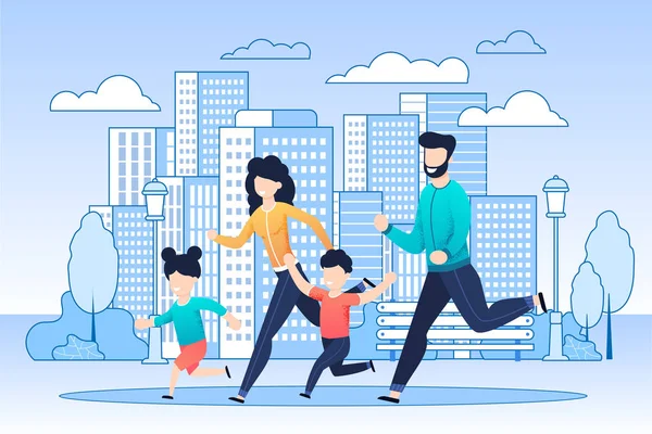 Familia feliz en trotar en la ciudad Flat Illustration — Archivo Imágenes Vectoriales