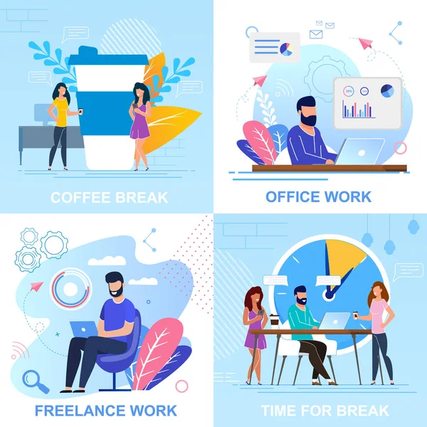 Set Bandiera piatta Coffee Break, Cartone Animato da lavoro per ufficio . — Vettoriale Stock