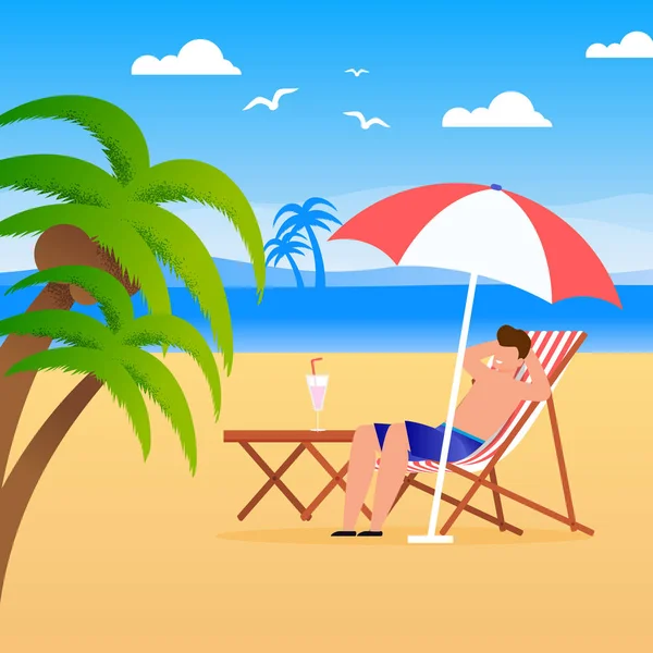 Hombre Turista Descansando en la playa Ilustración — Vector de stock