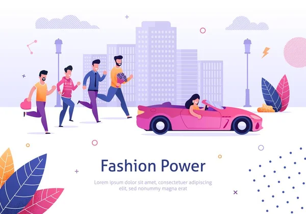 Fashion Power. Belle femme en rose voiture homme Run — Image vectorielle