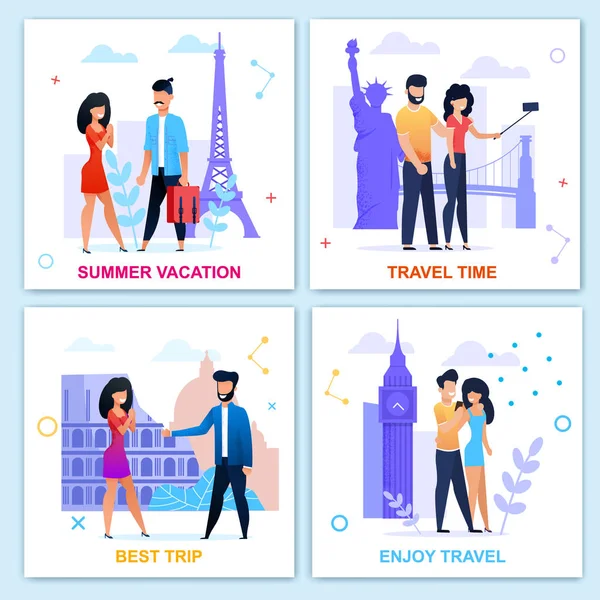 Utazási idő nyári motivációs lapos kártya szett — Stock Vector