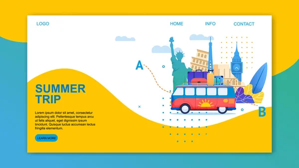 Voyage d'été en bus à travers l'Europe Landing Page — Image vectorielle