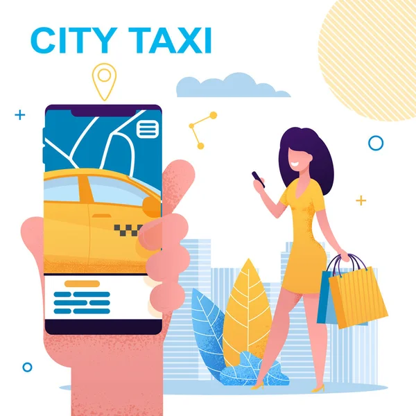 Lány Holding mobil telefon a City Taxi app. — Stock Vector