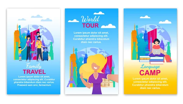 Family Travel World Tour Language Camp Banner Set — Stock Vector