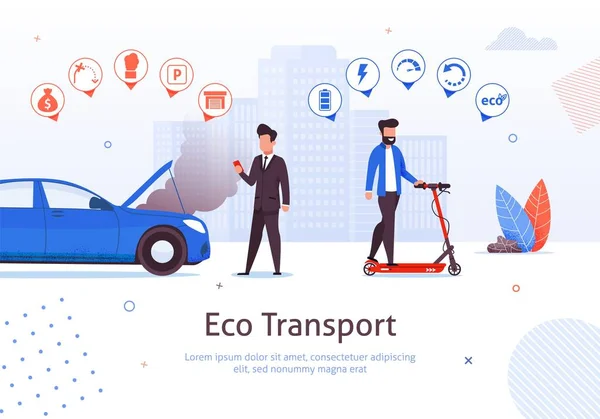 Eco Transport Electric Scooter Petrol Car Problem — Stock Vector