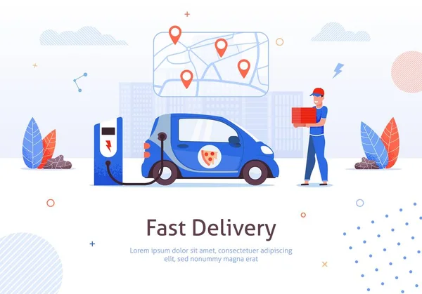 Fast Delivery. Man Pizza Box Electric Car Charging — Stock Vector