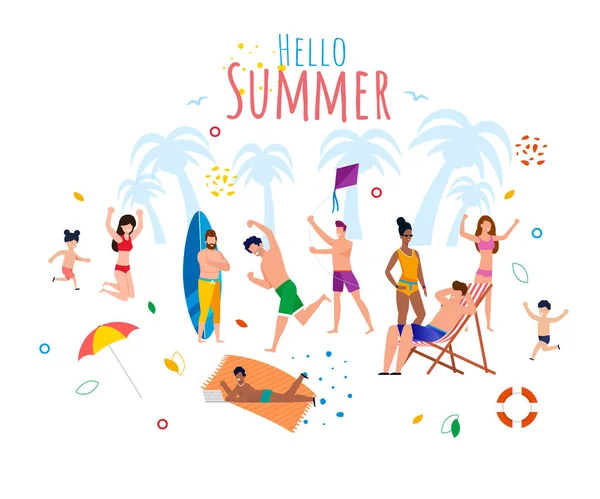 Hello Summer Banner de saludo con gente descansando — Vector de stock