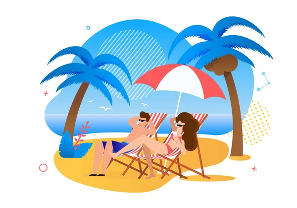 Zadowolony Cartoon para odpoczynek na tropikalnej plaży — Wektor stockowy