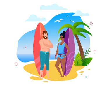 Sunny Beach Ayakta Multiracial Surfers Çift