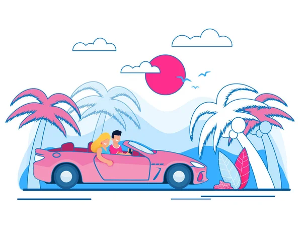 Uomo e donna, coppia sposata che guida auto sulla spiaggia — Vettoriale Stock