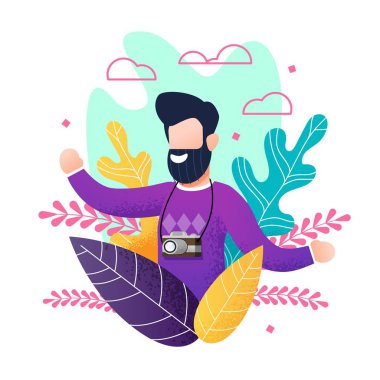 Kameralı Sakallı Gülümseyen Adam Yaz Keyfi