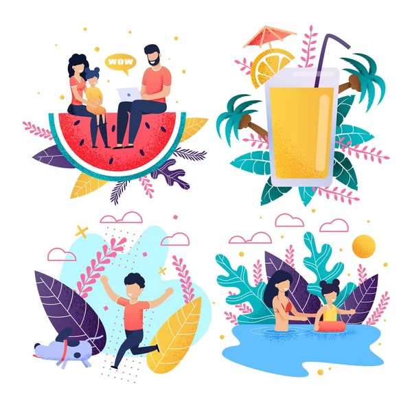 Vector Set Offer Family Vacation on Tropical Beach — Stock Vector