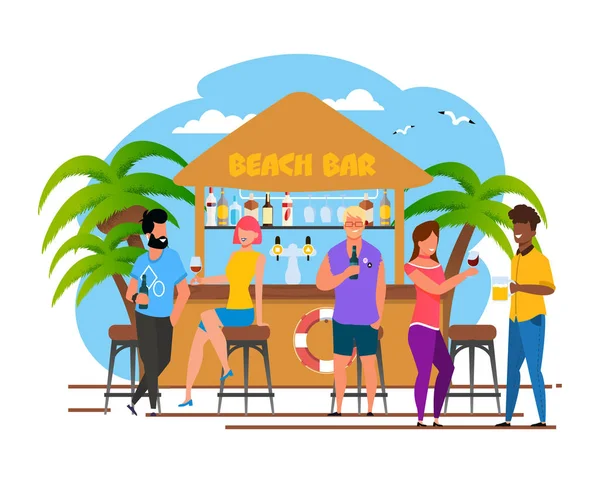Groupe de touristes ayant le repos à la bande dessinée Beach Bar — Image vectorielle