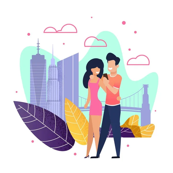 Couple in Love Walking and Taking Selfie Cartoon