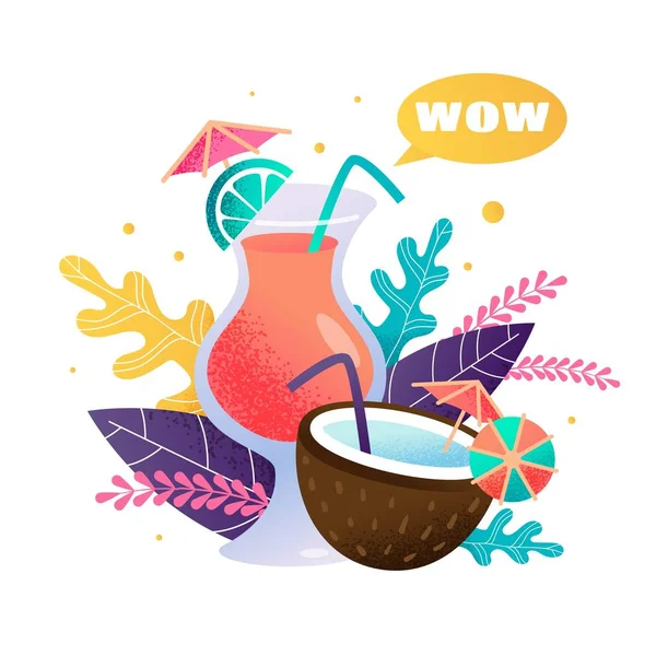 Cócteles tropicales frescos con dibujos animados efecto Wow — Vector de stock