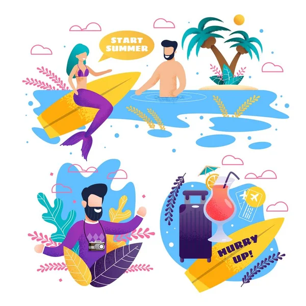 Open Summer and Surfing Season Advertising Set — Stock Vector