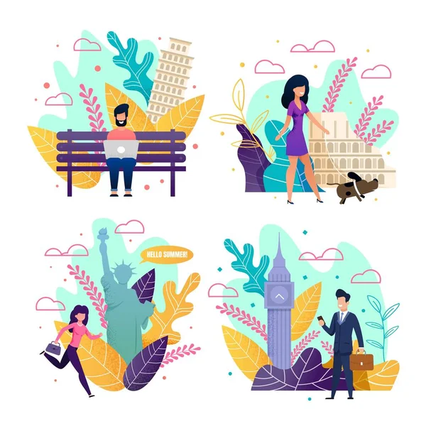 Business Trip, Freelance Work and Vacation Set — Stock Vector
