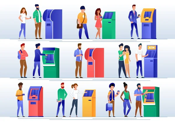 Πελάτες τράπεζας που χρησιμοποιούν μηχάνημα ATM επίπεδη σύνολο — Διανυσματικό Αρχείο