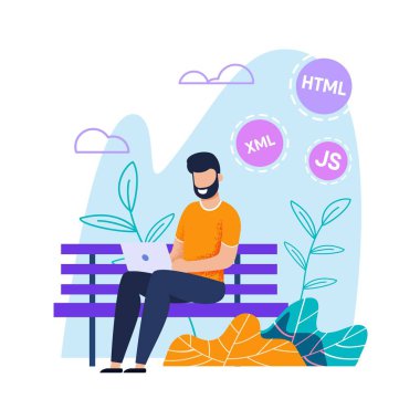Programcı Park Flat Karikatür Laptop üzerinde çalışma