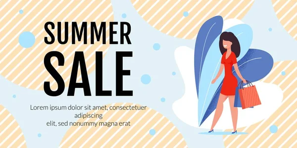 Summer Sale Texto Promo Banner com Mulher Elegante — Vetor de Stock
