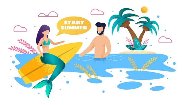 Mermaid surfing i człowiek pływać w Sea Flat Cartoon — Wektor stockowy