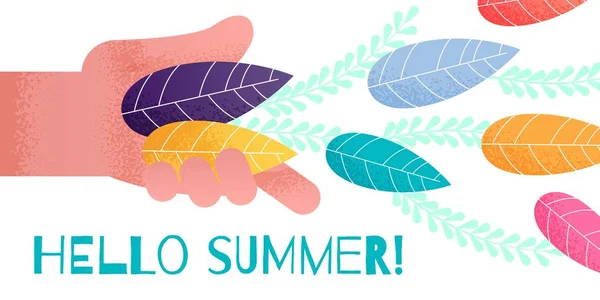 Greeting Summer Banner with Hand Throwing Leaves — Stock Vector