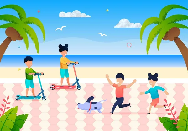 Niños pequeños y felices juegan en la playa en el día de verano — Vector de stock