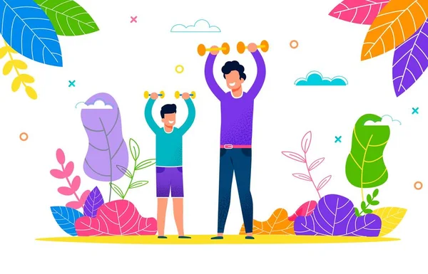 Young Dad and Son Play Sports Outdoors in Pack — Stock Illustration Young Dad and Son Play Sports Outdoors in Pack Royalty Free Stock Illustrations