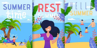 Merhaba Yaz Tatil Rest Düz Vektör Afiş Seti