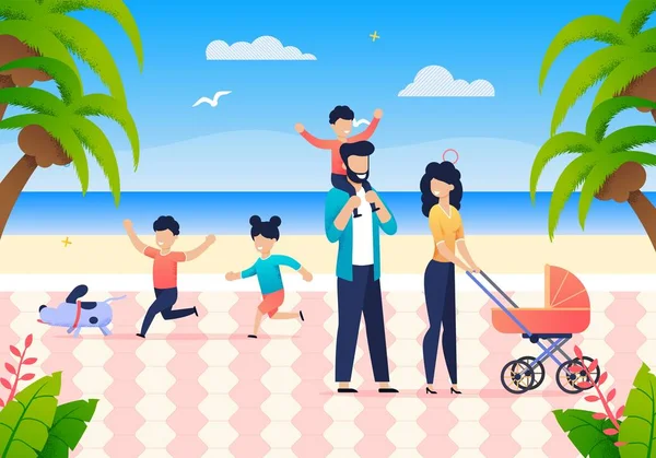 Férias familiares conjuntas de verão no oceano. Feliz Tempo. — Vetor de Stock