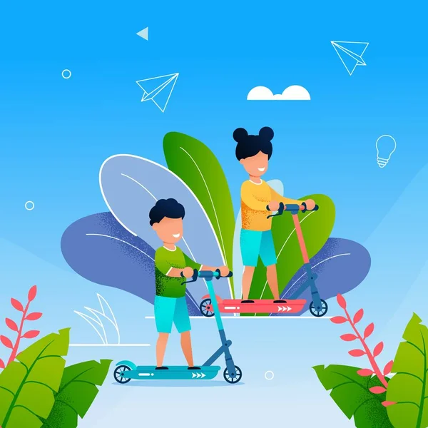 Illustrasjon av Young Children Ride Scooter i Park – stockvektor