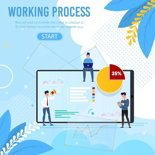 Processo de trabalho e banner de pessoal com botão Iniciar —  Vetores de Stock