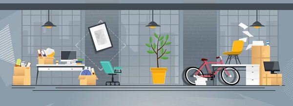 Cartoon Coworking Office with Accessories in Boxes